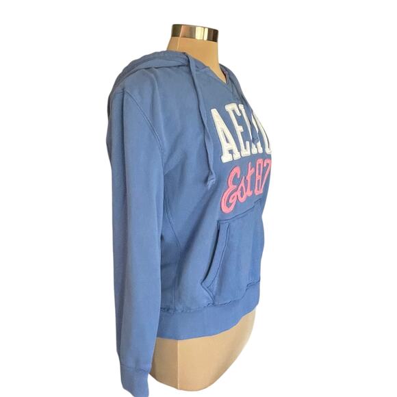 Y2K Aeropostale Blue Hoodie Sweatshirt Spellout Size L Kangaroo Pocket Pullover - Picture 4 of 8